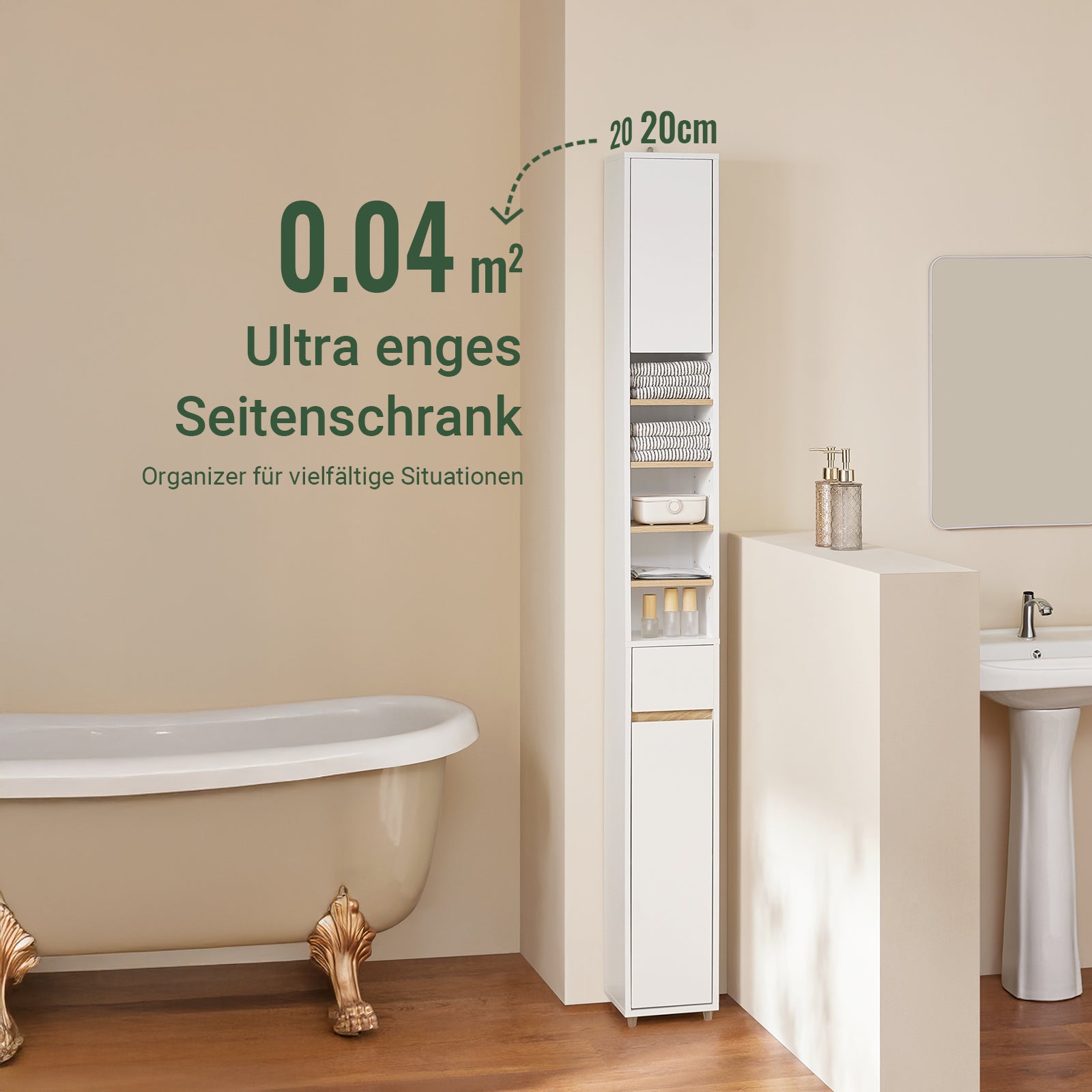 SoBuy | Armoire de salle de bain haute étroite | avec étagères réglables | Blanc naturel | 20 x 180 x 20 cm | BZR34-WN 
