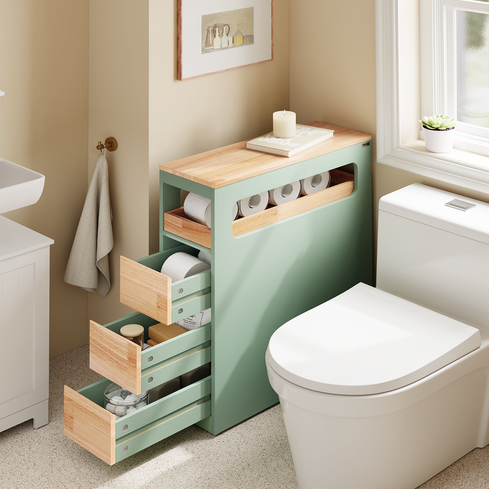 SoBuy | Étagère niche à 3 tiroirs | Étagère de cuisine | Chariot à roulettes | Vert | BZR54-II-GR