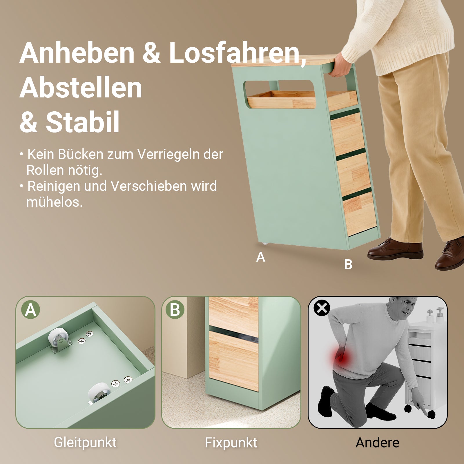 SoBuy | Étagère niche à 3 tiroirs | Étagère de cuisine | Chariot à roulettes | Vert | BZR54-II-GR