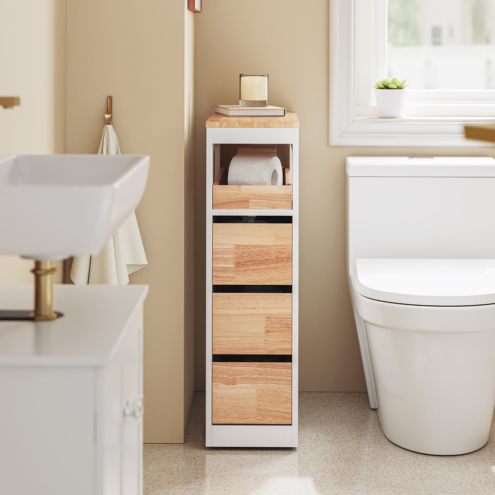 SoBuy | Étagère niche à 3 tiroirs | Étagère de cuisine | Chariot à roulettes | Naturel | BZR54-WN