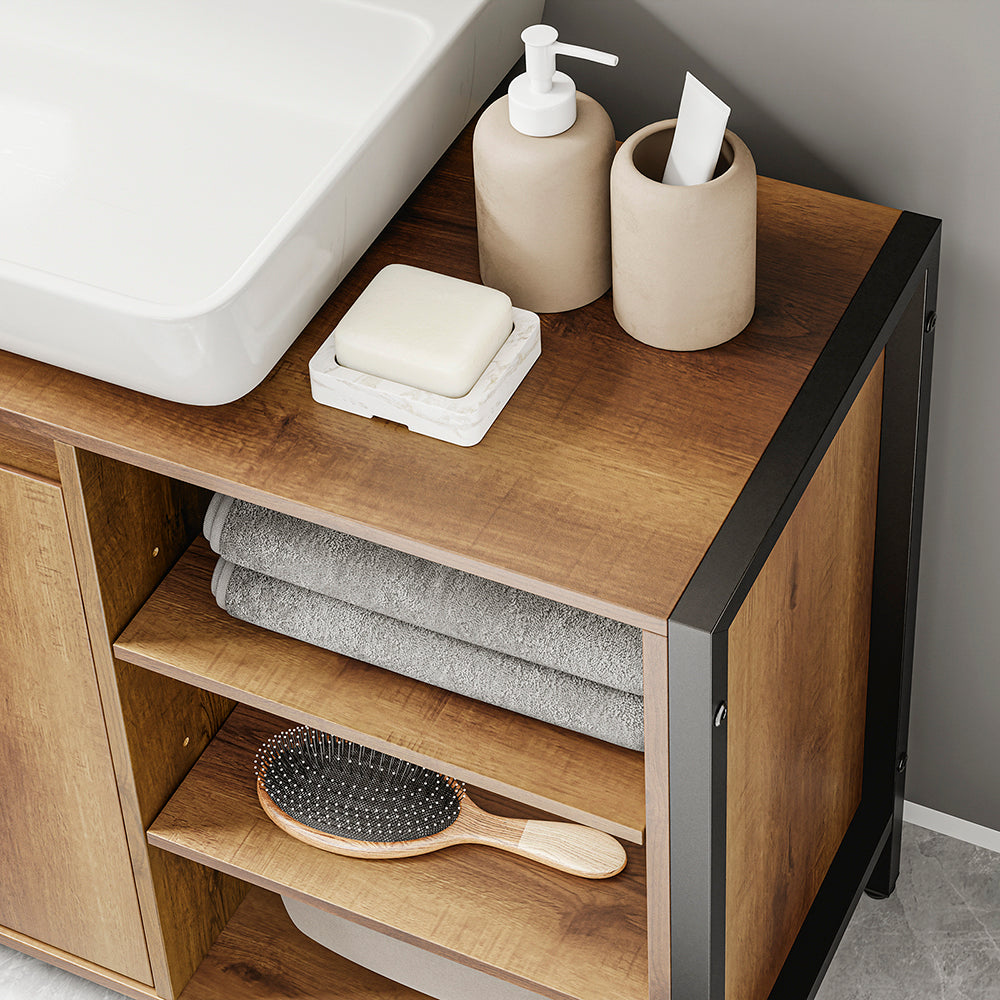 SoBuy | Meuble sous-lavabo 90 cm de large avec découpe pour siphon | Style industriel BZR63-L-PF