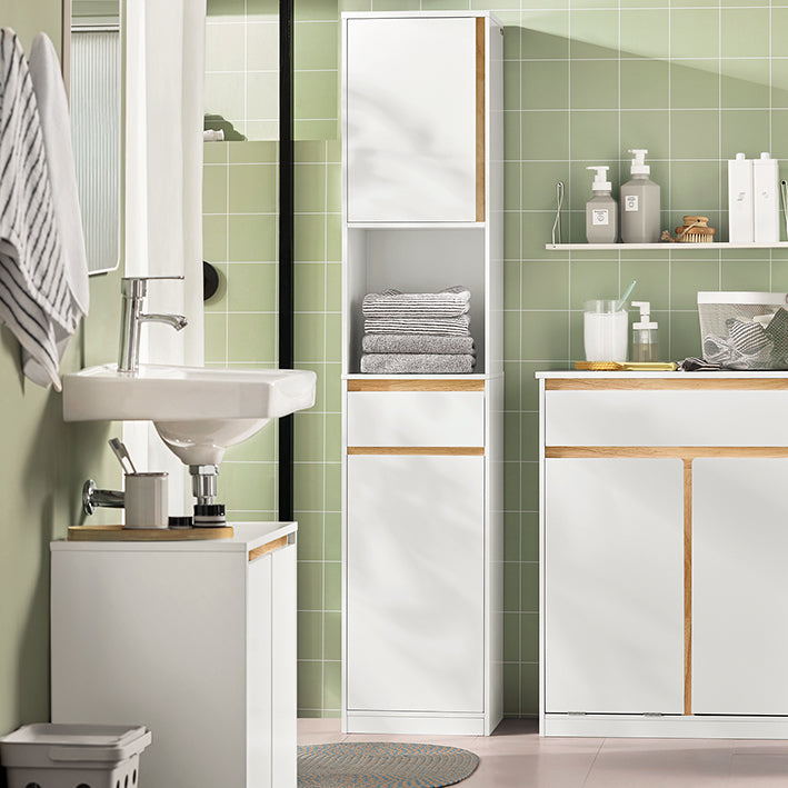 SoBuy | Colonna da bagno | Mobiletto bagno con 2 ante | Scaffale da bagno | Mobile da bagno | Bianco | BZR80-W