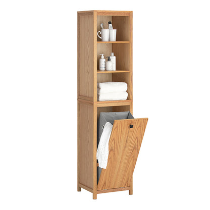 SoBuy | Armoire de salle de bain étroite avec sac à linge | Armoire haute | Étagère de salle de bain | Naturel | BZR95-N