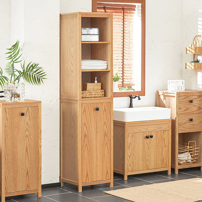 SoBuy | Mobile bagno stretto con sacco portabiancheria | Colonna bagno | Scaffale bagno | Naturale | BZR95-N