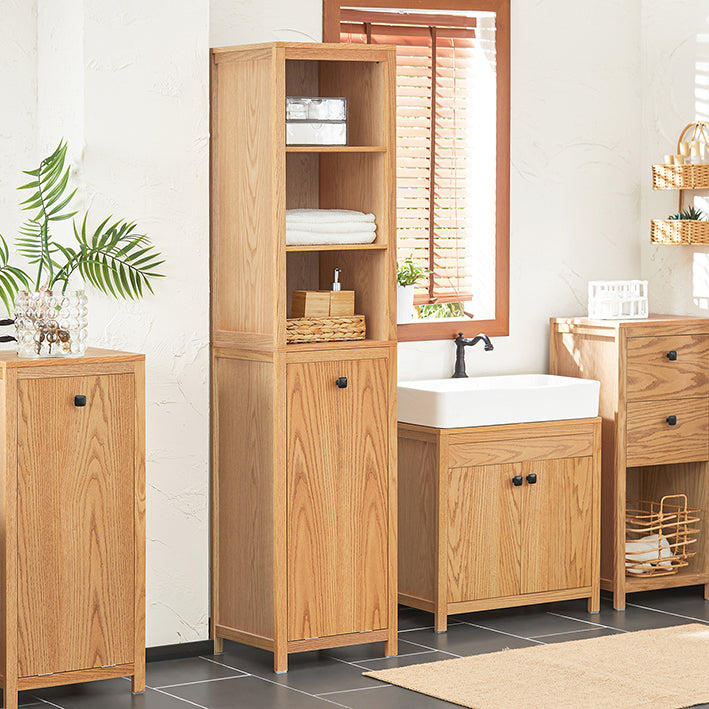 SoBuy | Mobile bagno stretto con sacco portabiancheria | Colonna bagno | Scaffale bagno | Naturale | BZR95-N