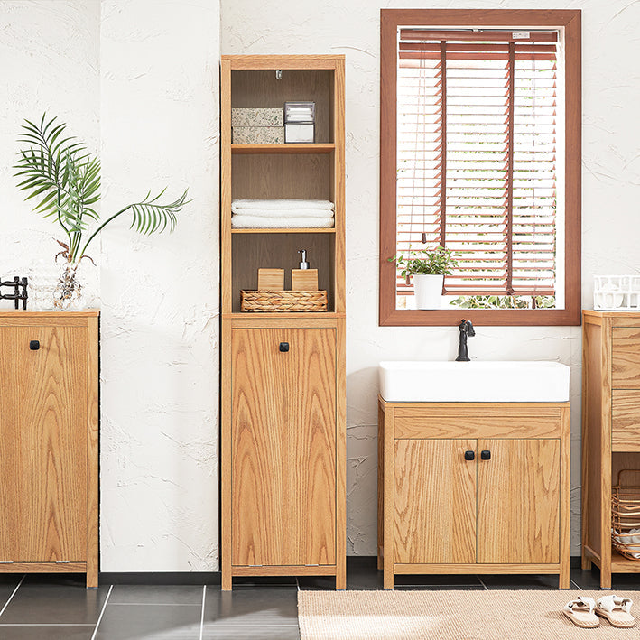 SoBuy | Mobile bagno stretto con sacco portabiancheria | Colonna bagno | Scaffale bagno | Naturale | BZR95-N