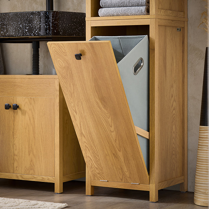 SoBuy | Armoire de salle de bain avec sac à linge | Armoire haute | Étagère de salle de bain | Placard à linge | Naturel foncé | BZR95-SN