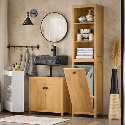 SoBuy | Armoire de salle de bain avec sac à linge | Armoire haute | Étagère de salle de bain | Placard à linge | Naturel foncé | BZR95-SN