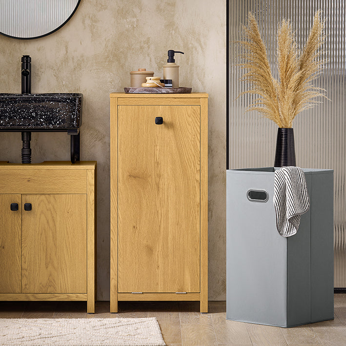 SoBuy | Wäscheschrank mit Wäschetruhe | Wäschesammler | Badschrank | Wäschesack | Dunkelnatur | BZR96-SN