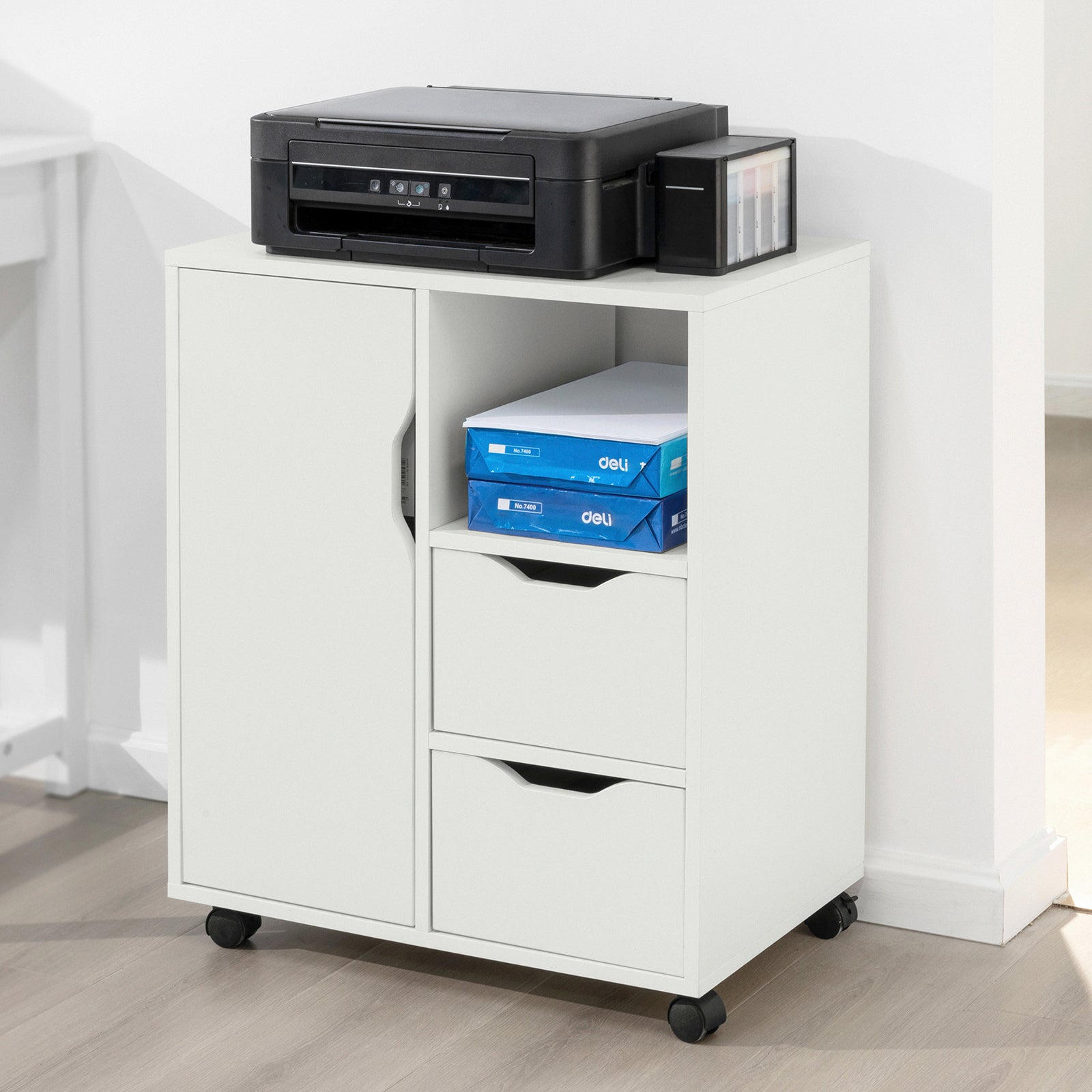 SoBuy | Table roulante imprimante avec tiroir | Table d'appoint | Table basse Blanche | FBT105-W