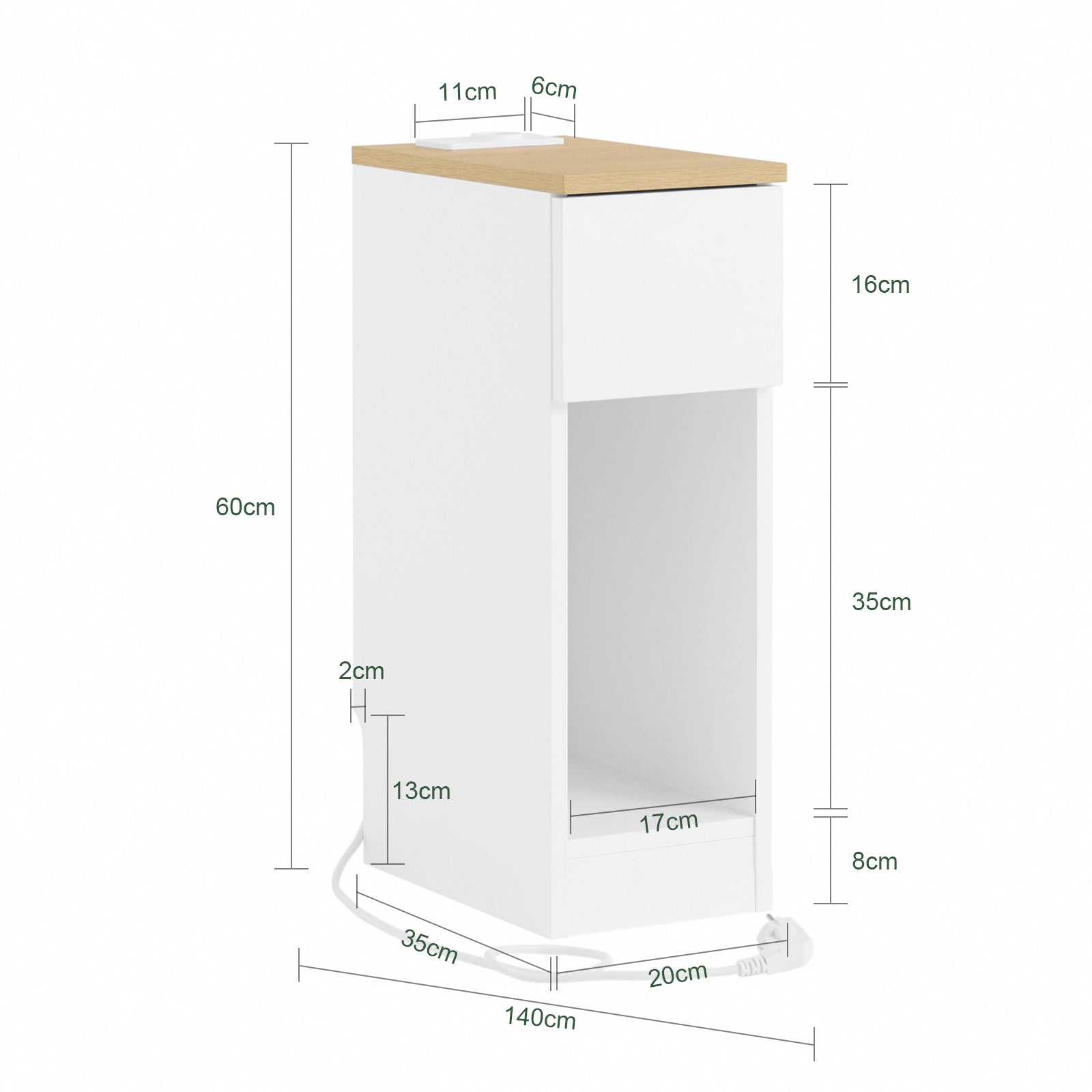 SoBuy | Nachttisch schmal | mit Mehrfachsteckdosen | Weiß-Natur | 20x60x35cm | FBT111-E-WN