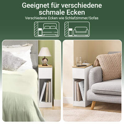 SoBuy | Nachttisch schmal | mit Mehrfachsteckdosen | Weiß-Natur | 20x60x35cm | FBT111-E-WN