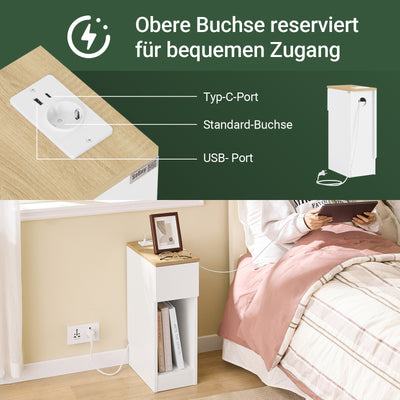 SoBuy | Nachttisch schmal | mit Mehrfachsteckdosen | Weiß-Natur | 20x60x35cm | FBT111-E-WN