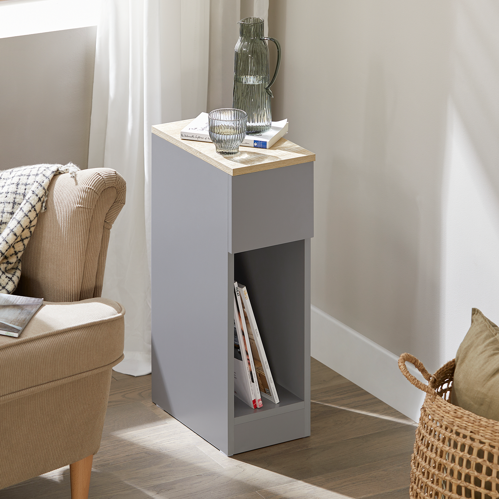 SoBuy Table de Chevet Lot de 2 Étroites Tables d'Appoint avec Tiroir Gris Clair 20x60x35cm FBT111-HGx2