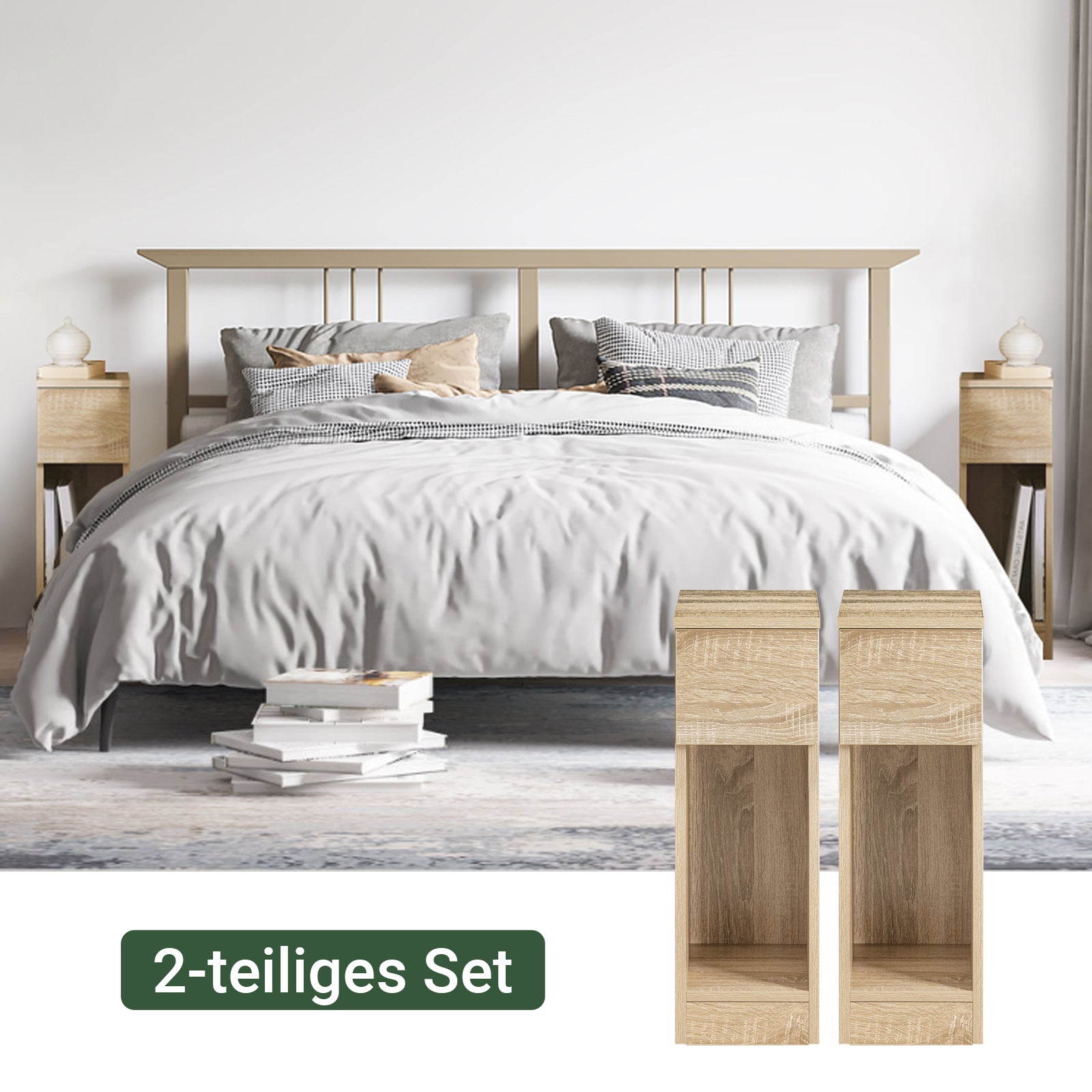 SoBuy | Nachttisch 2er Set schmal | mit Schublade Natur | FBT111-Nx2