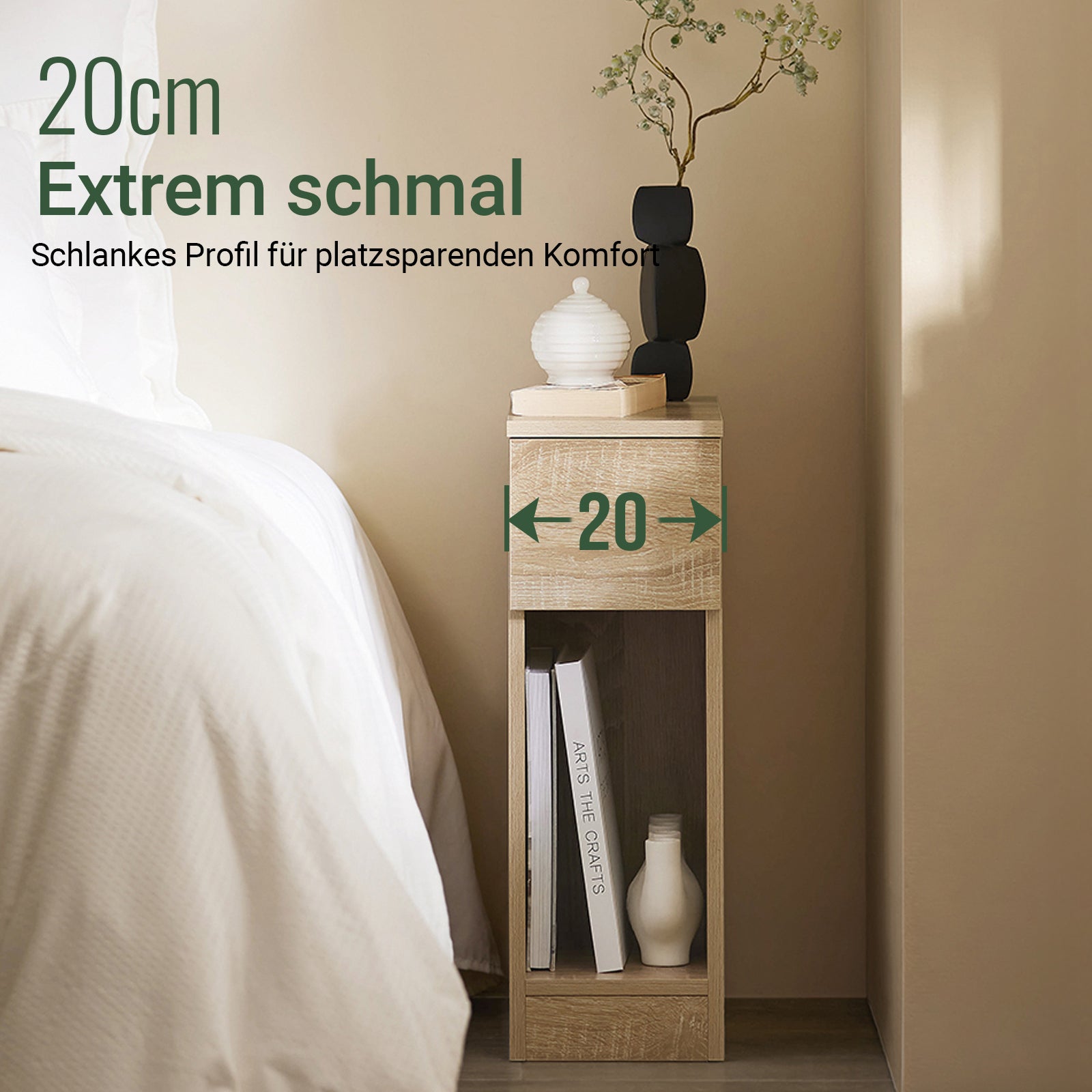 SoBuy Comodino Stretto | con Cassetto Naturale | 20x60x35cm | FBT111-N