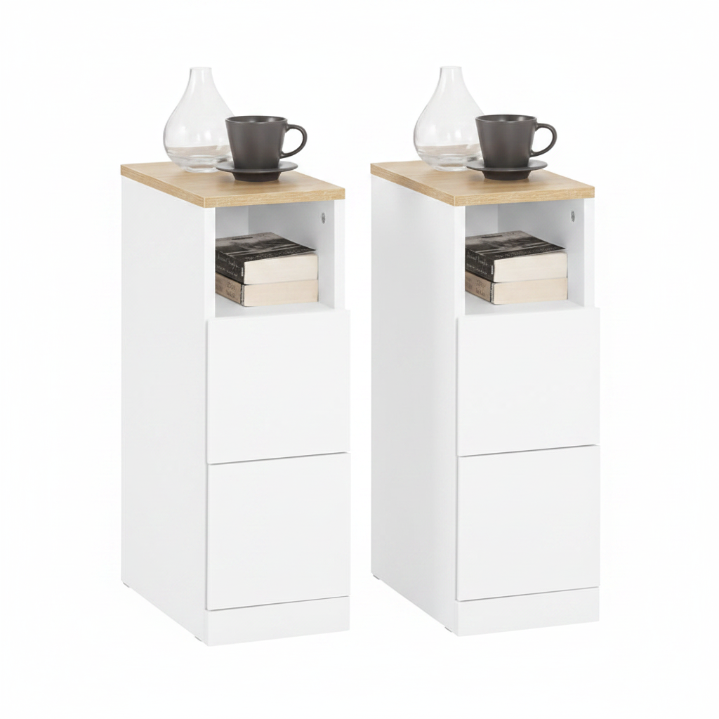 SoBuy | Nachttisch schmal 2er Set | Beistelltisch | mit 2 Schubladen Weiß | 20cm | FBT149-WNx2