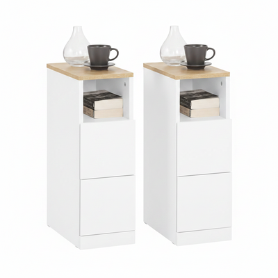 SoBuy | Nachttisch schmal 2er Set | Beistelltisch | mit 2 Schubladen Weiß | 20cm | FBT149-WNx2