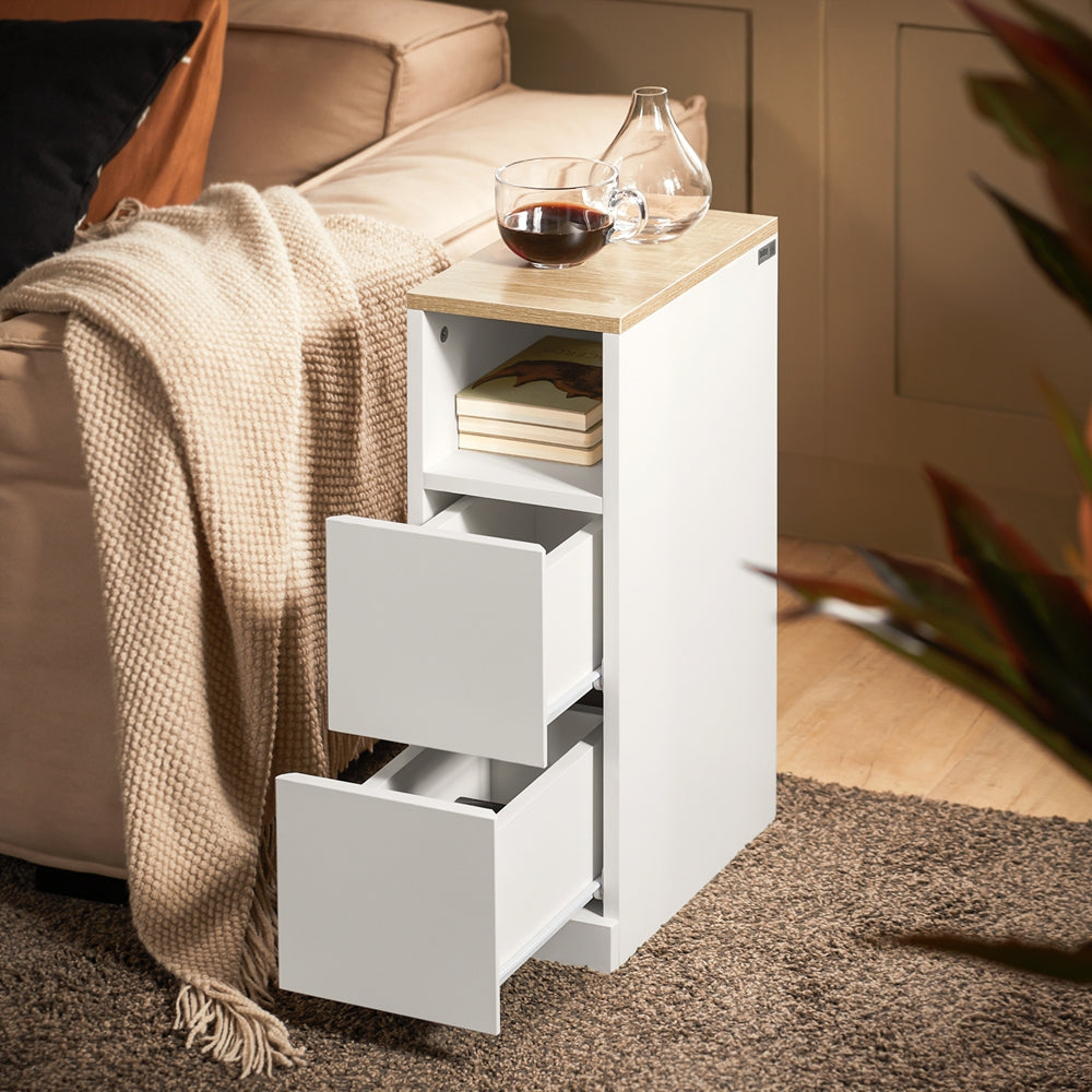 SoBuy | Nachttisch schmal 2er Set | Beistelltisch | mit 2 Schubladen Weiß | 20cm | FBT149-WNx2