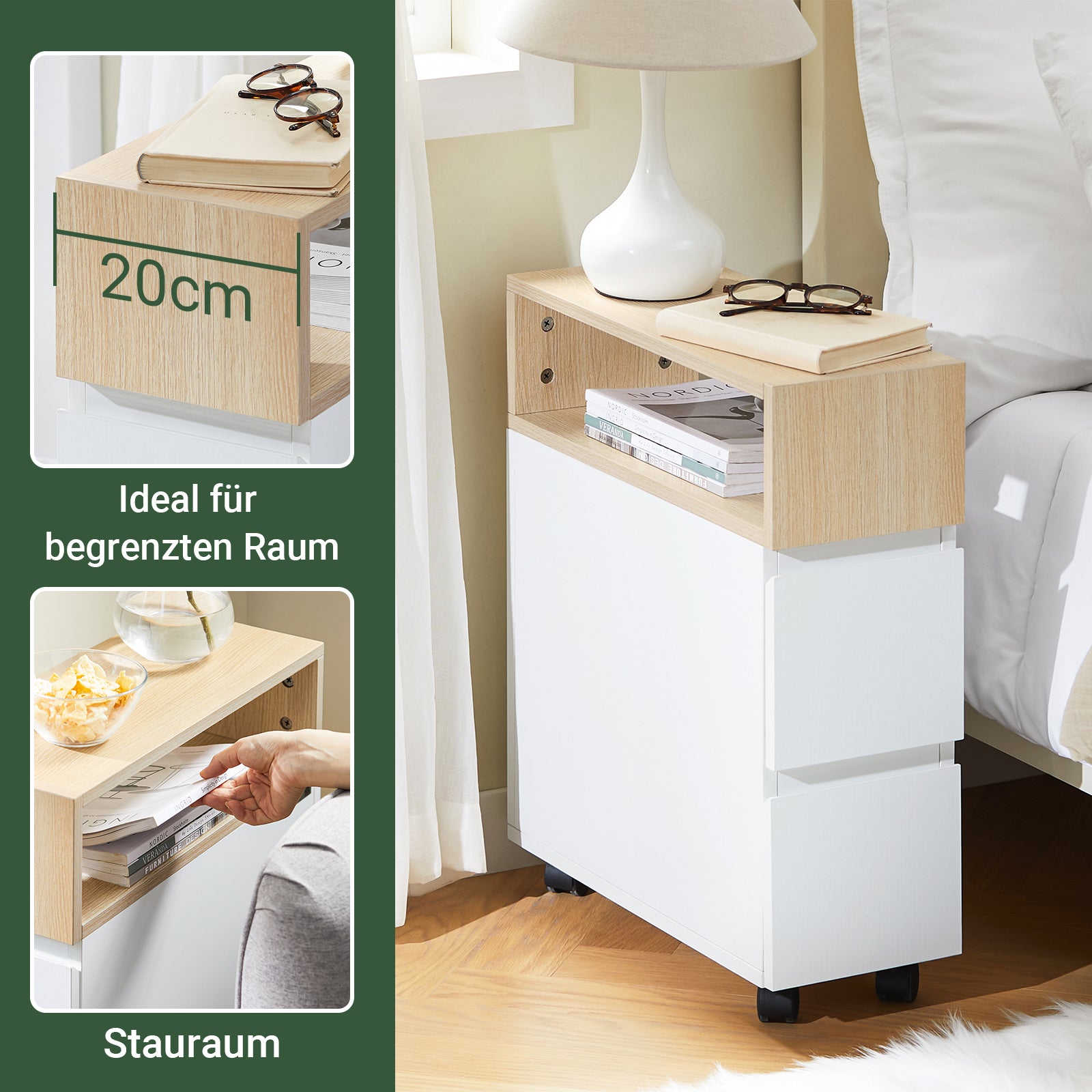 SoBuy | Comodino | Carrello da Bagno | Scaffale per Nicchia | Letto Boxspring | Tavolino Stretto | FBT155-WN