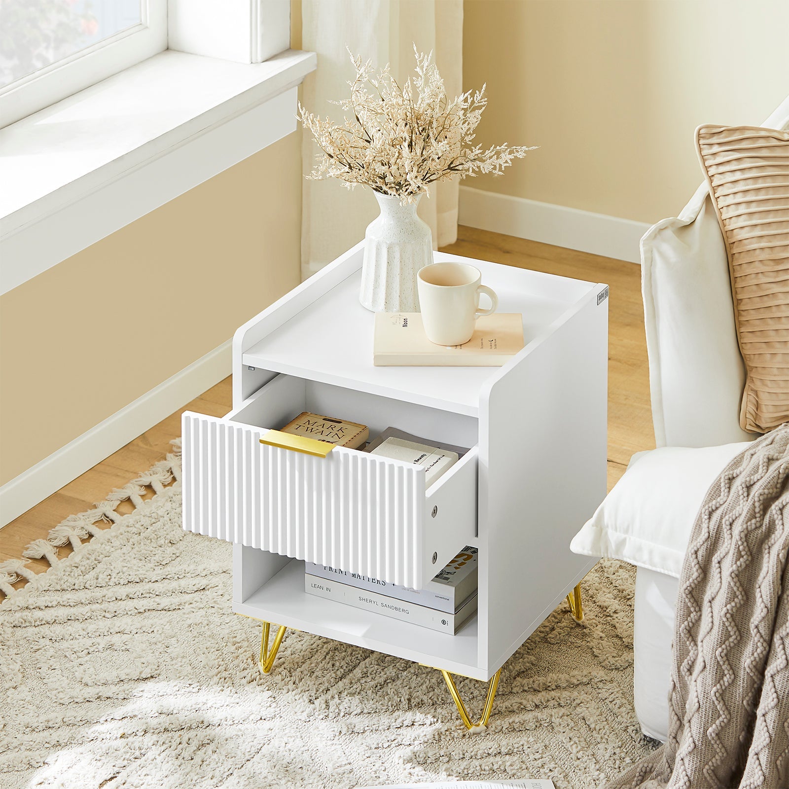 SoBuy | Table de chevet avec 1 tiroir et compartiment de rangement | Table d'appoint pour canapé | Table d'appoint | Blanc | L40 x P40 x H51 cm | FBT169-W