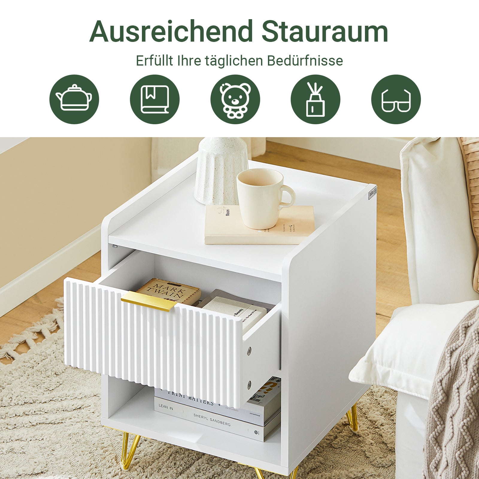 SoBuy | Nachttisch mit 1 Schubladen und Ablagefach | Sofatisch | Beistelltisch | Weiß | B40 x T40 x H51 cm | FBT169-W