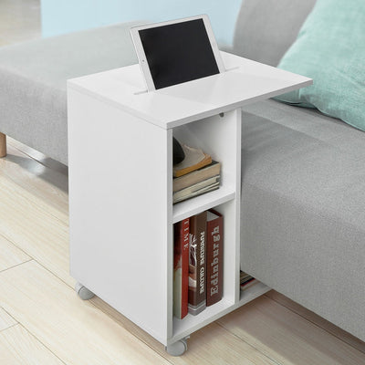 SoBuy | Table d'appoint pour iPad | Table basse de canapé à roulettes | Porte-revues blanc | FBT48-W