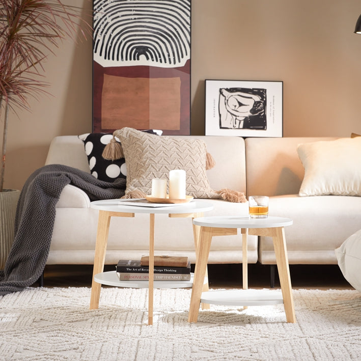 SoBuy | Set di 2 tavolini da caffè | Tavolino laterale | Legno di gomma | Bianco | FBT75-W
