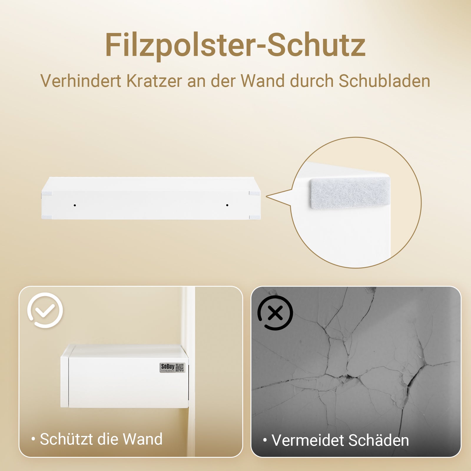 SoBuy | Schweberegal | mit Schublade | LED-Bewegungssensor-Licht | Wandschublade | Wandregal Weiß | FHK38-W