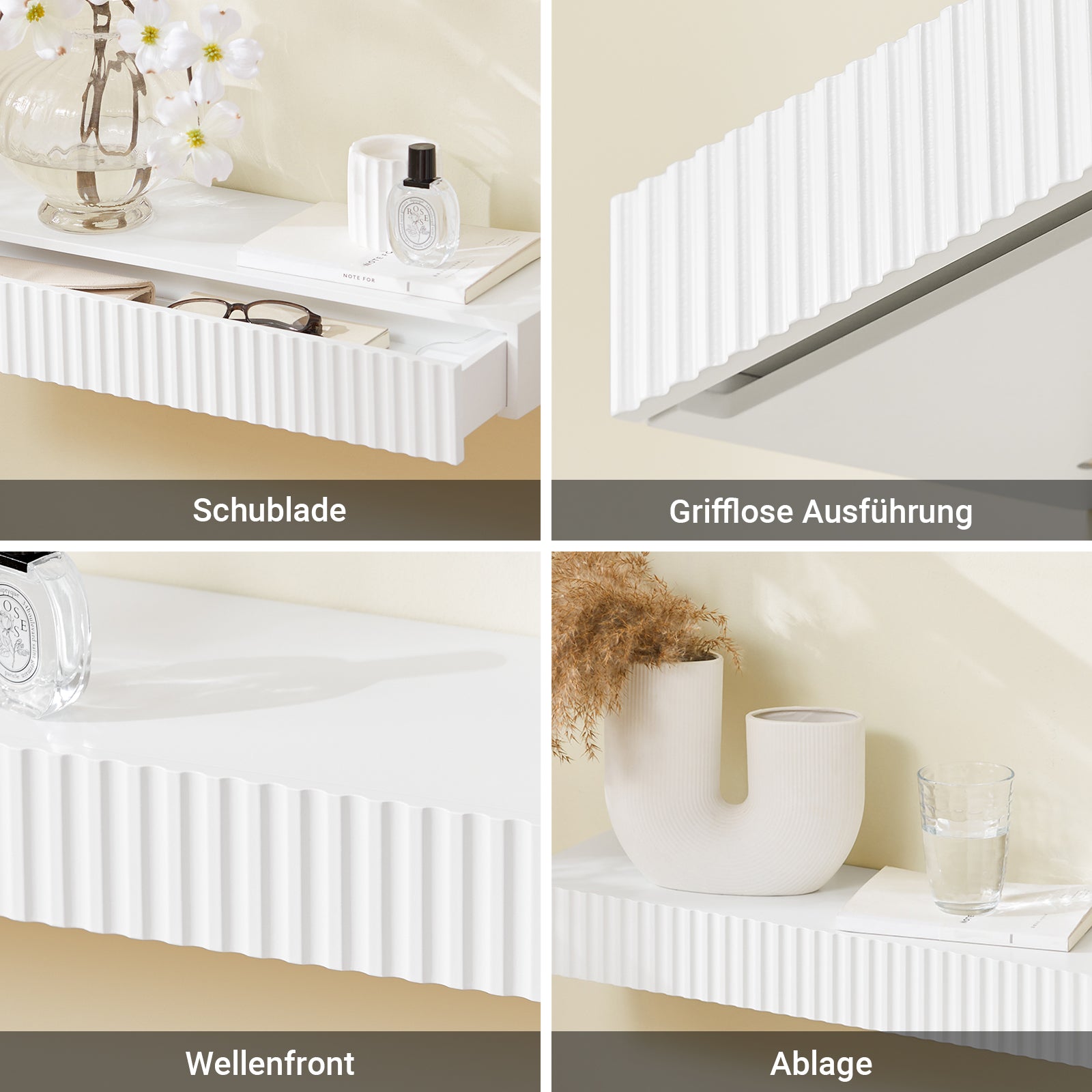 SoBuy | Schweberegal | mit Schublade | LED-Bewegungssensor-Licht | Wandschublade | Wandregal Weiß | FHK38-W