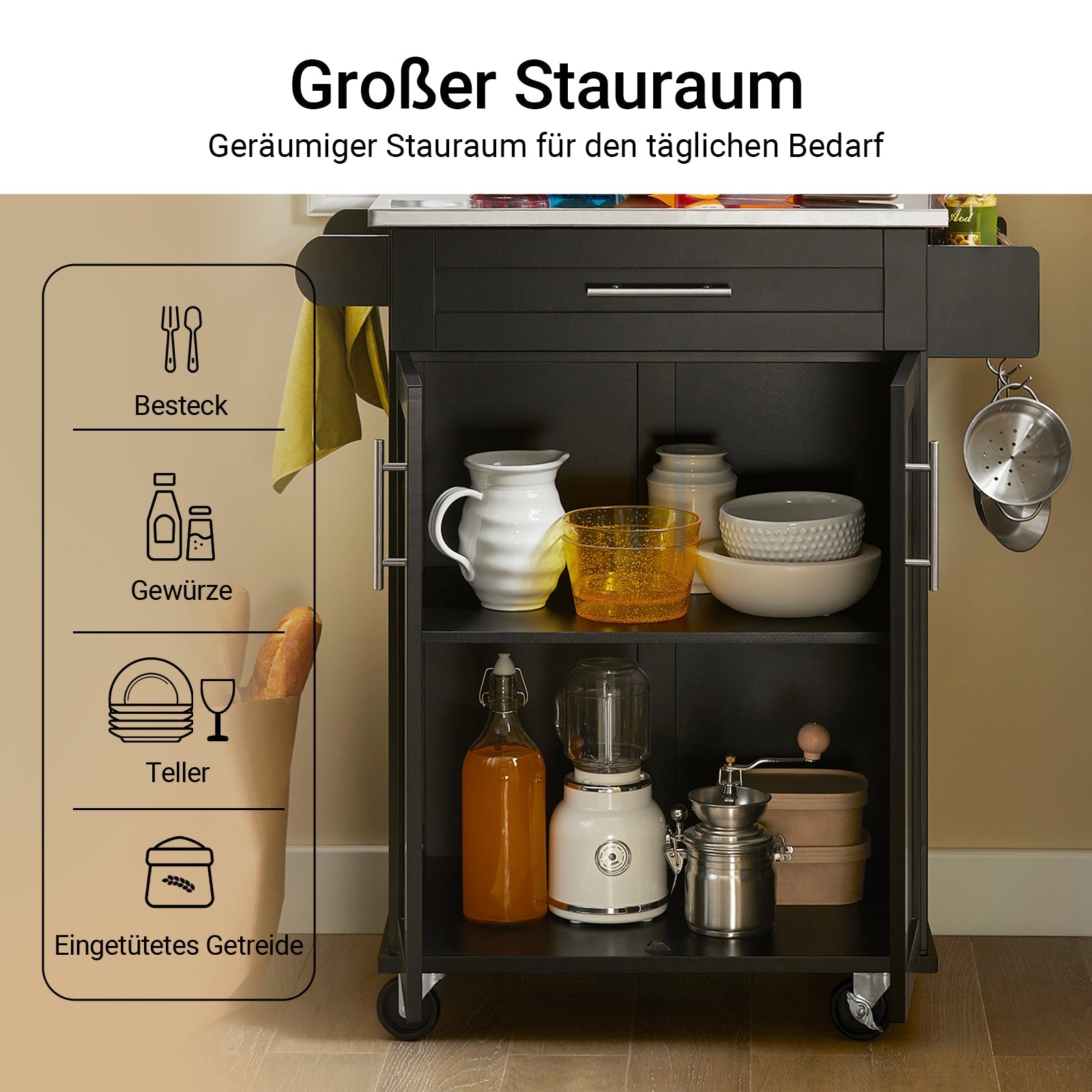 SoBuy | Carrello da cucina | Carrello per bevande da ufficio | Carrello di servizio nero | FKW110-SCH