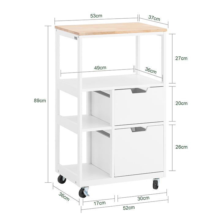 SoBuy | Carrello da cucina con 2 cassetti | Carrello di servizio | Bianco e naturale | FKW111-WN