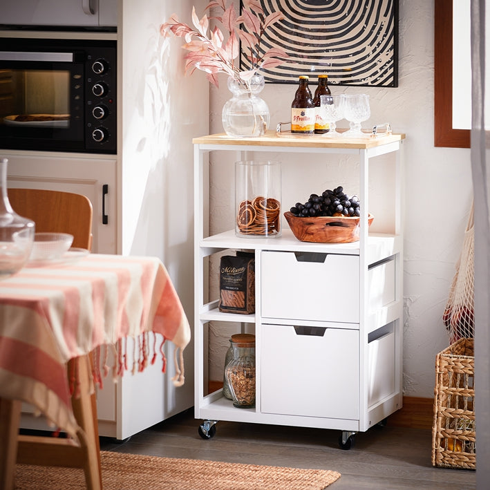 SoBuy | Carrello da cucina con 2 cassetti | Carrello di servizio | Bianco e naturale | FKW111-WN