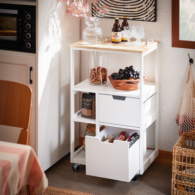 SoBuy | Carrello da cucina con 2 cassetti | Carrello di servizio | Bianco e naturale | FKW111-WN