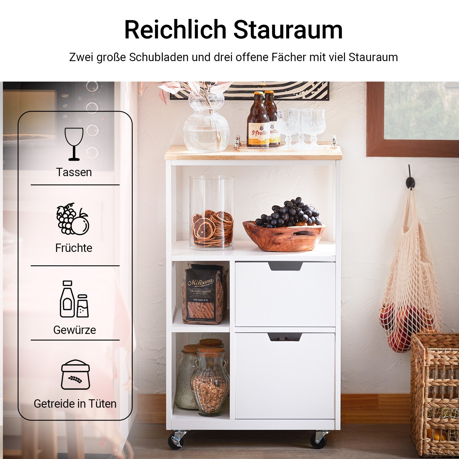 SoBuy | Carrello da cucina con 2 cassetti | Carrello di servizio | Bianco e naturale | FKW111-WN