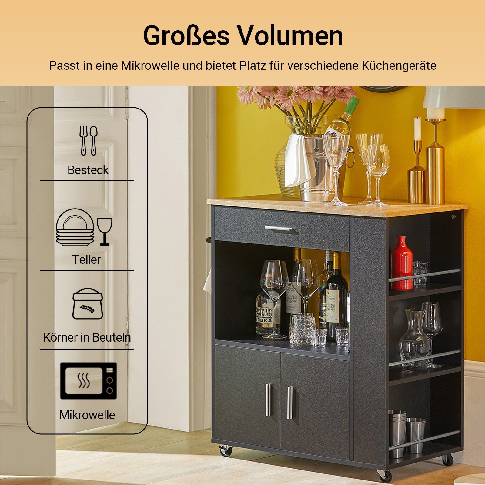 SoBuy Carrello da Cucina Carrello di Servizio per Cucina, Soggiorno, Sala da Pranzo Nero 82x88x46cm FKW113-SCH