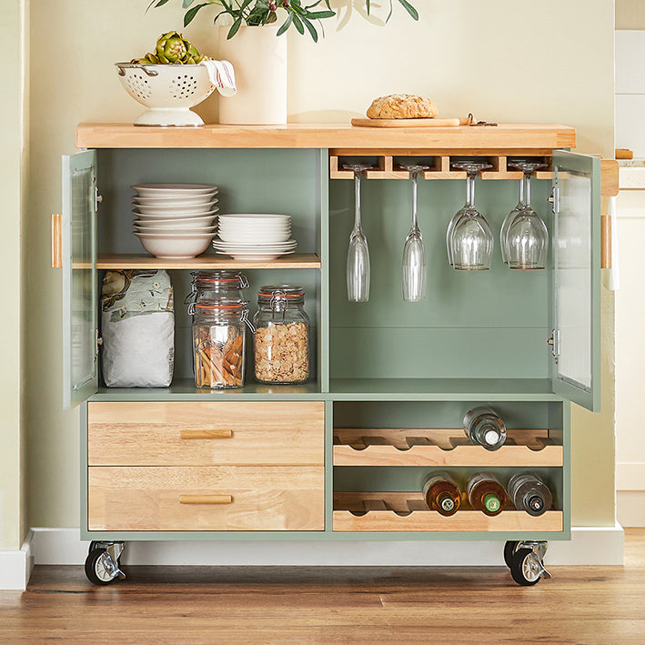 SoBuy | Carrello da Cucina con Portabottiglie | Isola da Cucina con Porta Bicchieri da Vino | Credenza | Verde | FKW114-GR