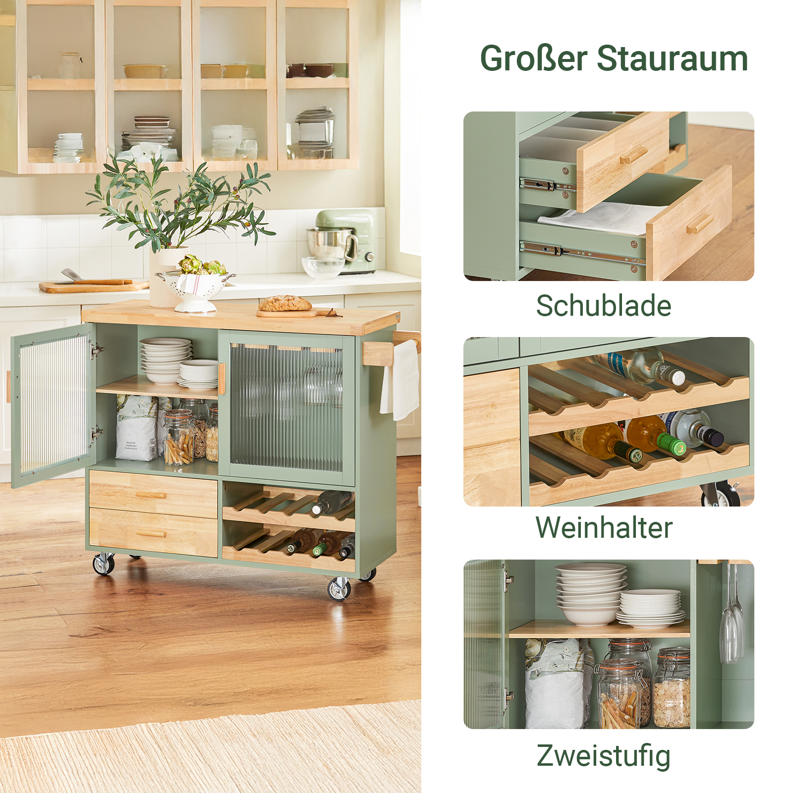 SoBuy | Carrello da Cucina con Portabottiglie | Isola da Cucina con Porta Bicchieri da Vino | Credenza | Verde | FKW114-GR