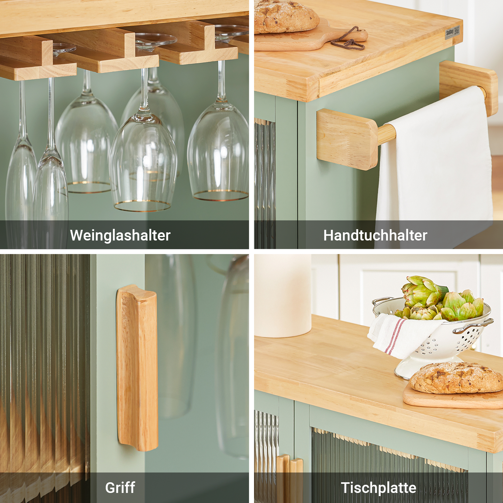 SoBuy | Carrello da Cucina con Portabottiglie | Isola da Cucina con Porta Bicchieri da Vino | Credenza | Verde | FKW114-GR