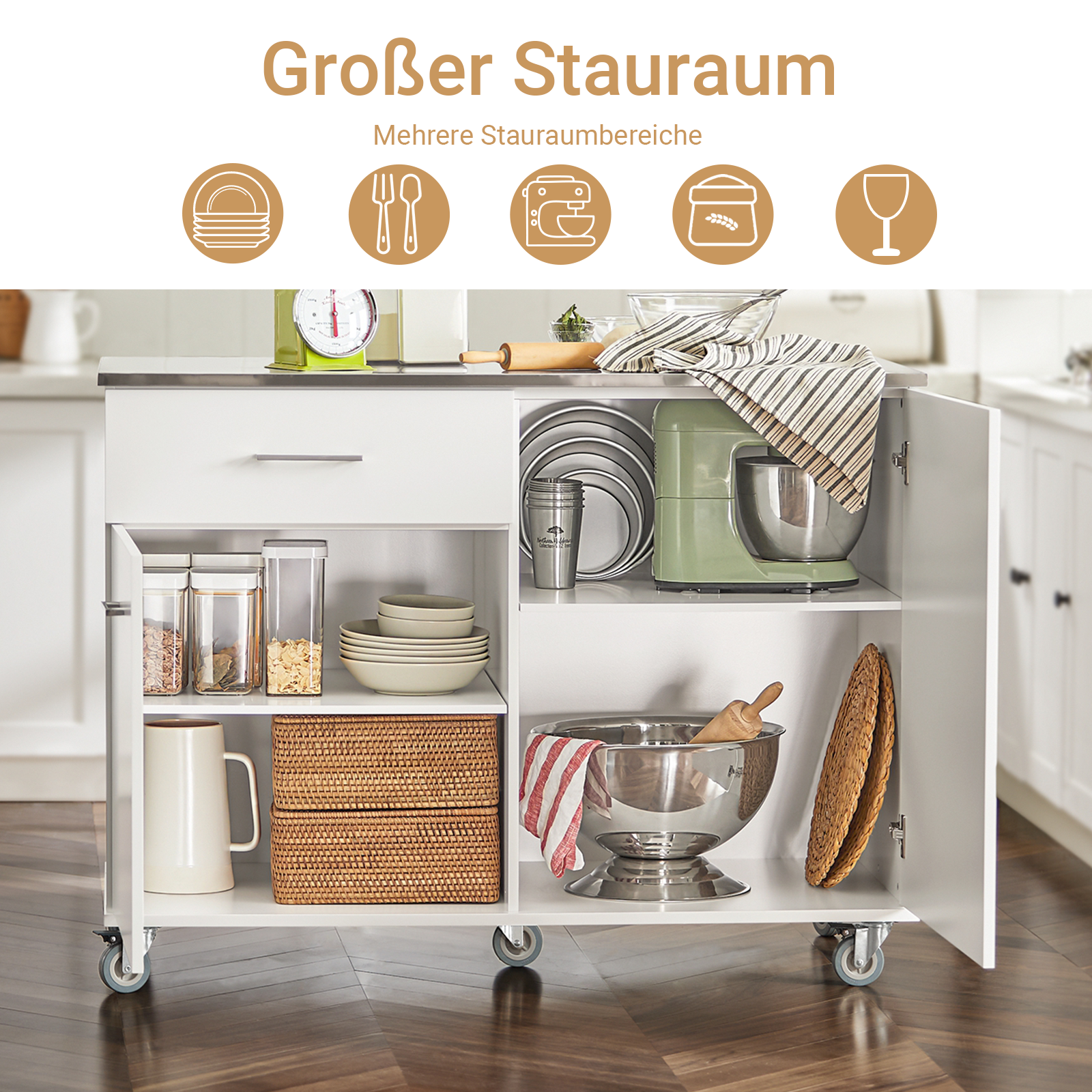 SoBuy | Mobile Cucina Bianco | Carrello da Cucina | Isola per Cucina | Carrello di Servizio | FKW117-W