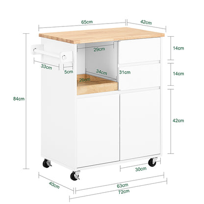 Prévente | SoBuy | Chariot de cuisine avec plan de travail | Chariot de service à roulettes | Blanc | 72 x 84 x 40 cm FKW123-WN