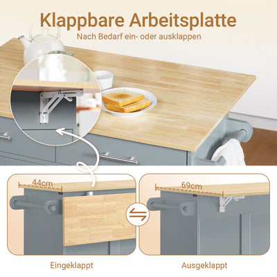 SoBuy Kücheninsel mit Klappplatte & verdeckten Rollen Grau FKW129-HG