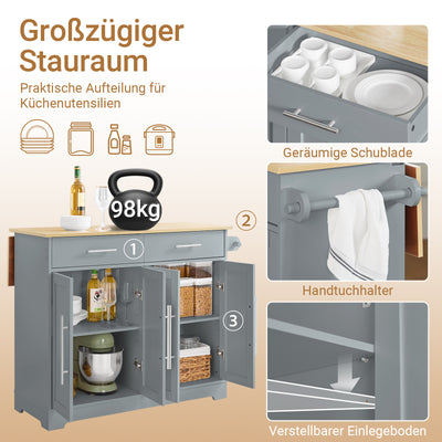 SoBuy Kücheninsel mit Klappplatte & verdeckten Rollen Grau FKW129-HG