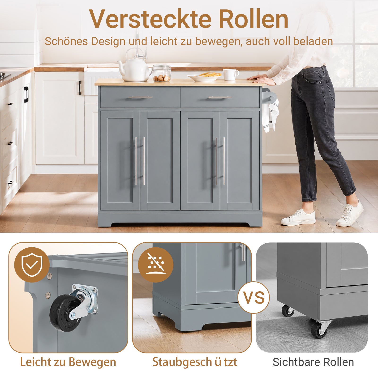 SoBuy Kücheninsel mit Klappplatte & verdeckten Rollen Grau FKW129-HG
