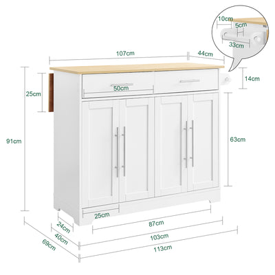 Prévente | SoBuy | Îlot de cuisine sur roulettes | avec plateau coulissant | tiroirs | blanc | 113 x 91 x (44-69) cm | FKW129-WN