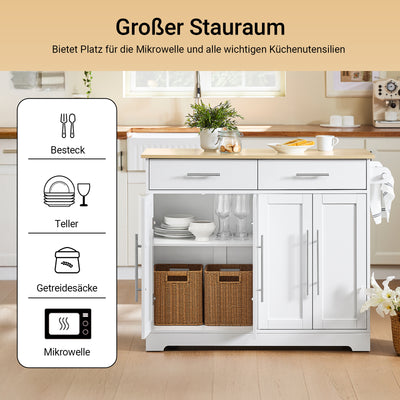 Prévente | SoBuy | Îlot de cuisine sur roulettes | avec plateau coulissant | tiroirs | blanc | 113 x 91 x (44-69) cm | FKW129-WN