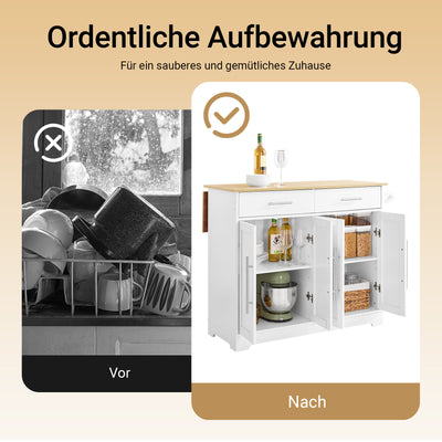 Prévente | SoBuy | Îlot de cuisine sur roulettes | avec plateau coulissant | tiroirs | blanc | 113 x 91 x (44-69) cm | FKW129-WN