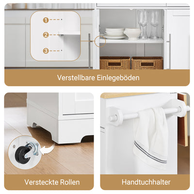 Prévente | SoBuy | Îlot de cuisine sur roulettes | avec plateau coulissant | tiroirs | blanc | 113 x 91 x (44-69) cm | FKW129-WN