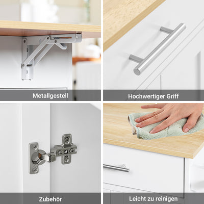 Prévente | SoBuy | Îlot de cuisine sur roulettes | avec plateau coulissant | tiroirs | blanc | 113 x 91 x (44-69) cm | FKW129-WN