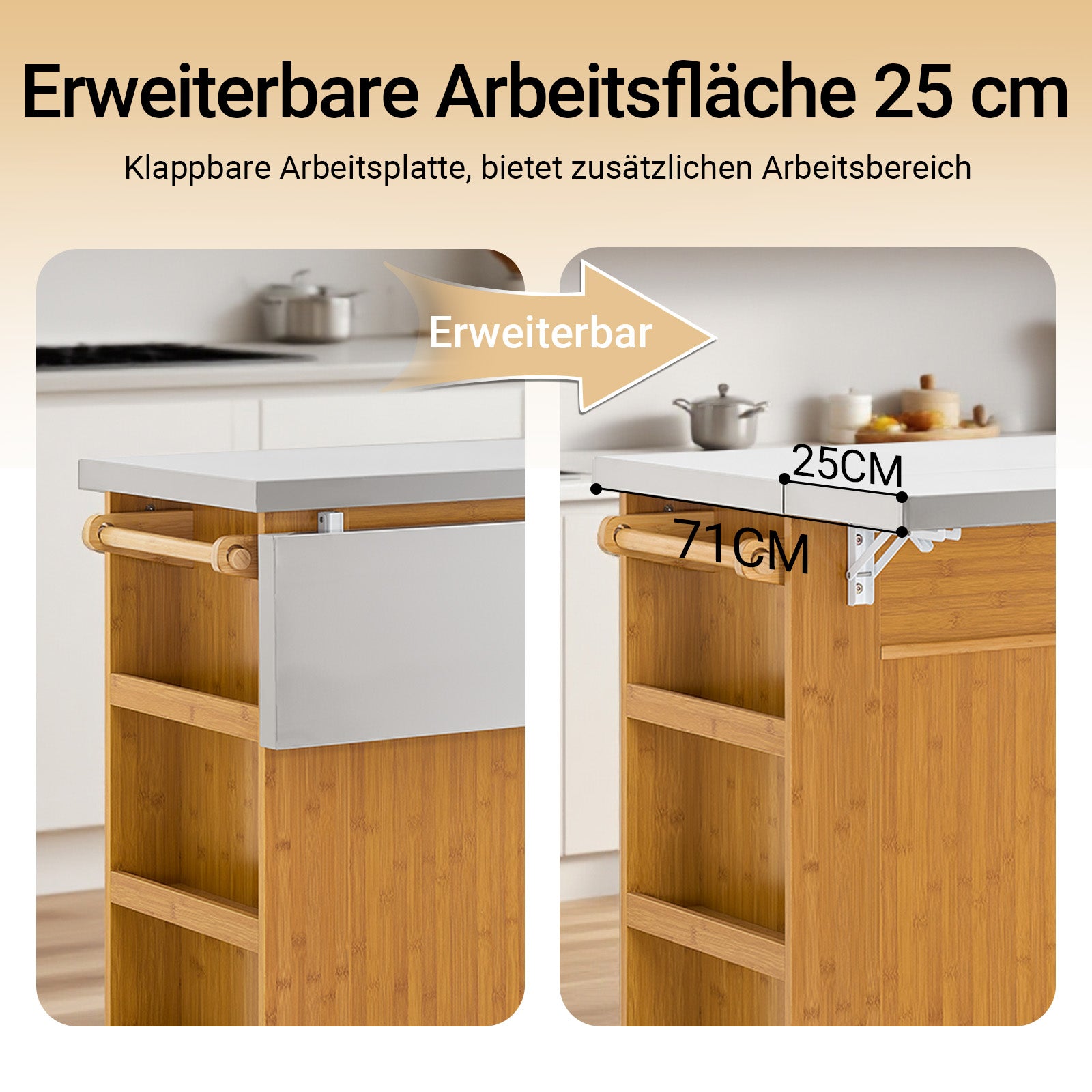 SoBuy | Îlot de cuisine | Desserte de cuisine avec plan de travail extensible | Meuble de cuisine en bambou | FKW130-N